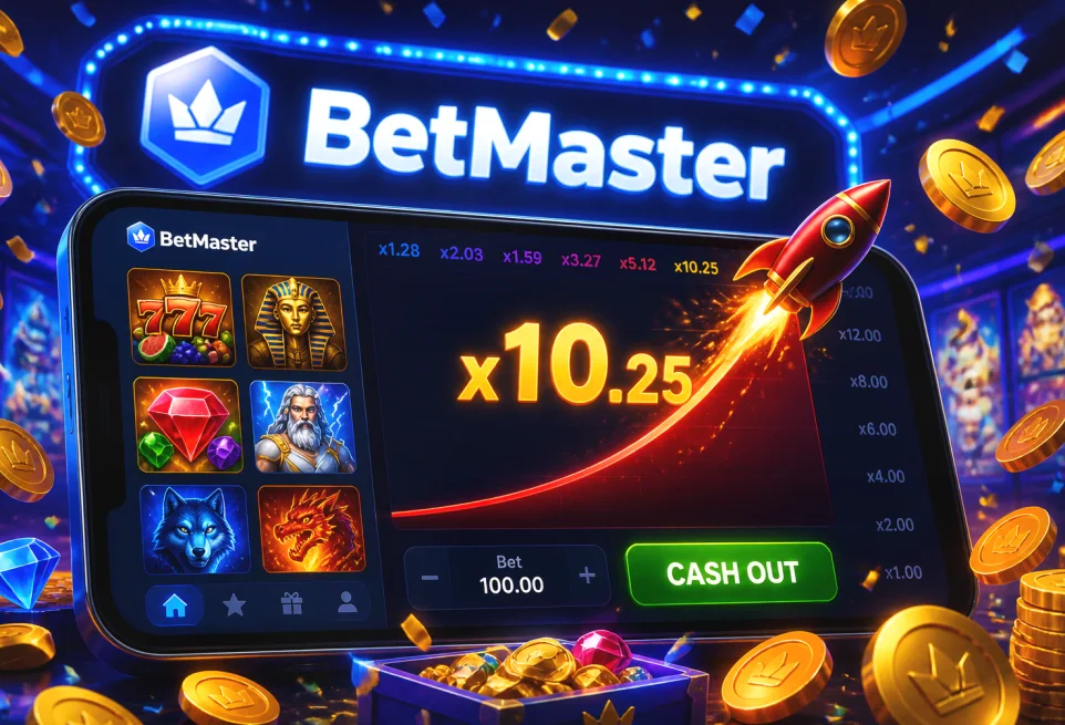 BetMaster casino lobby on a phone with the Aviator crash-game multiplier rising on screen