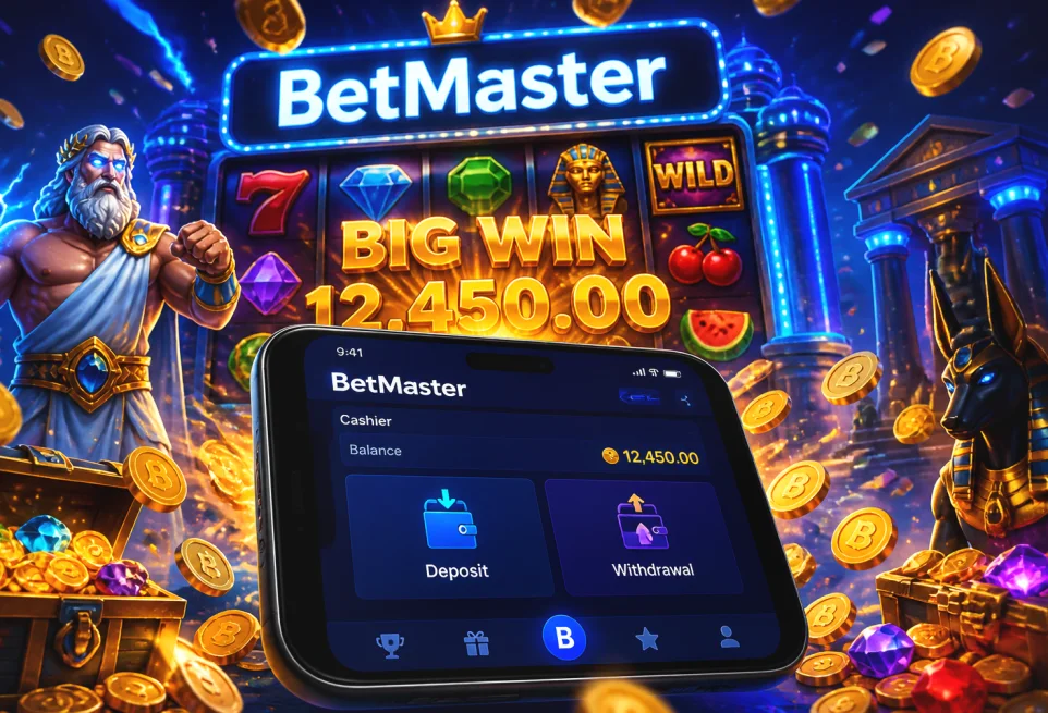 BetMaster mobile cashier screen showing deposit and withdrawal options on a phone